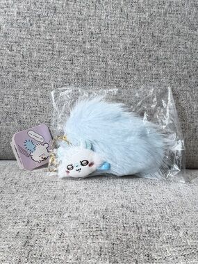 New Chiikawa Momonga Light Blue Fluffy Pom Charm Keychain with Cute Face